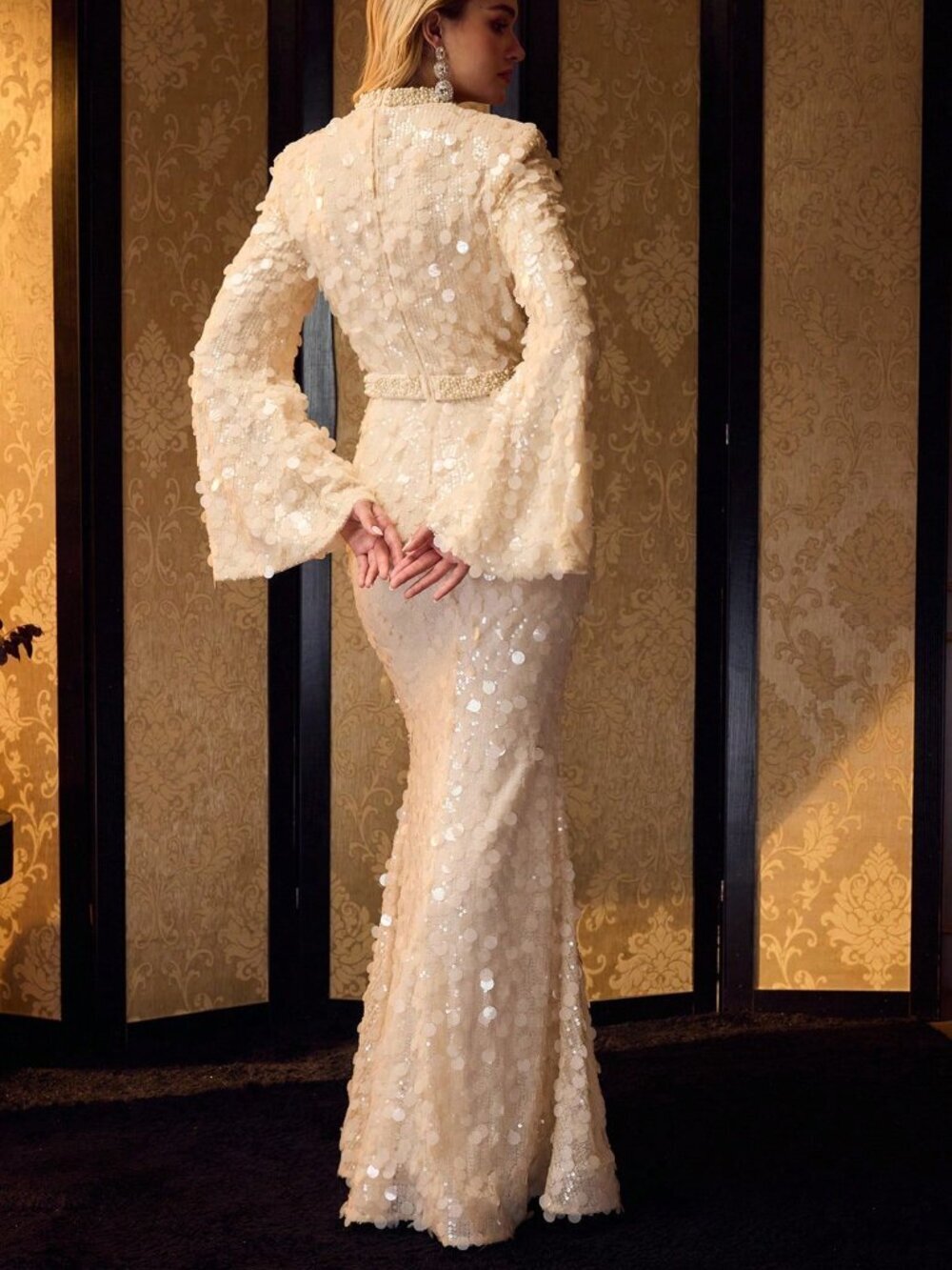 Apricot Elegant Women's Mock Neck Luxury Mermaid Formal Dress with Pearl Details - Picture 2 of 6